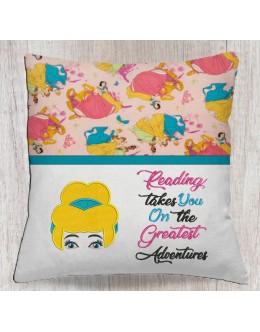 Cinderella face with reading takes you reading pillow embroidery designs