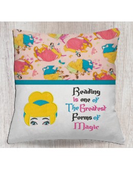 Cinderella face with reading is one reading pillow embroidery designs