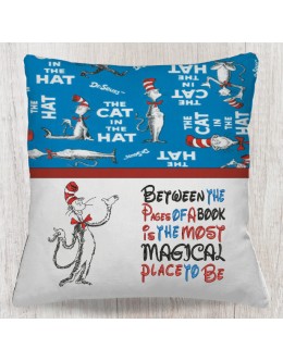 Cat in the hat with Between the Pages reading pillow embroidery designs
