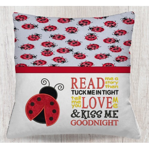 Ladybug with read me a story read reading Pillow Embroidery Designs