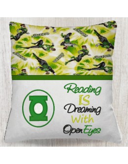 Green lantern Logo with reading is dreaming reading pillow embroidery designs