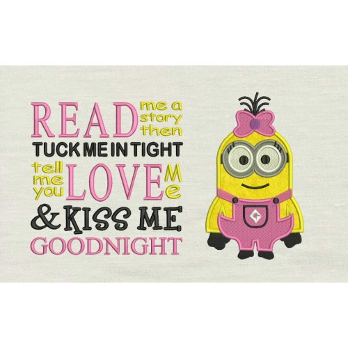 Minion Lola with read me a story reading pillow embroidery designs