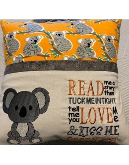 Koala with read me a story reading Pillow Embroidery Designs