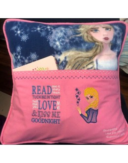 Elsa Frozen embroidery with Read me a story reading pillow embroidery designs