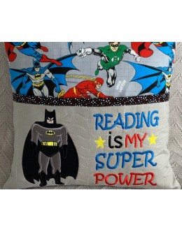 Batman with Reading is My Superpower reading pillow embroidery designs