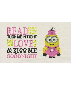 Minion Lola with read me a story reading pillow embroidery designs