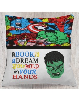 Hulk face embroidery with a book is a dream reading pillow