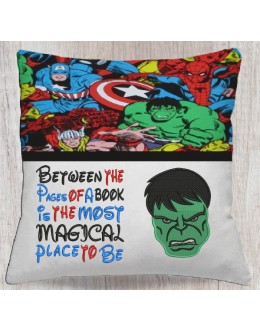 Hulk face embroidery with Between the Pages reading pillow