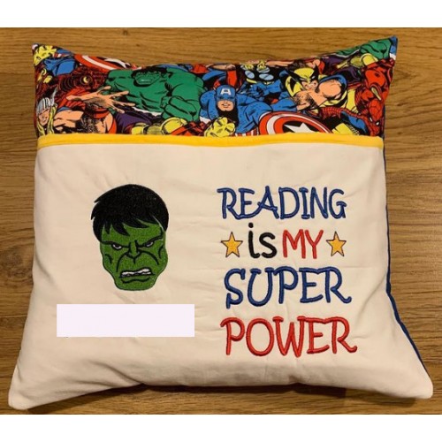 Hulk face Embroidery with reading is my superpower reading pillow