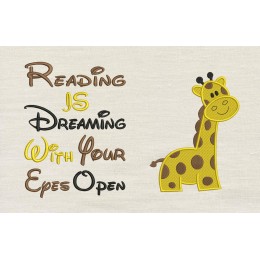 Giraffe embroidery with reading is dreaming reading pillow embroidery designs