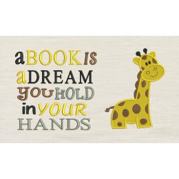 Giraffe embroidery with A book is a dream reading pillow embroidery designs