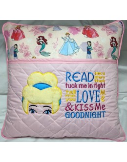 Cinderella face with read me a story reading pillow embroidery designs