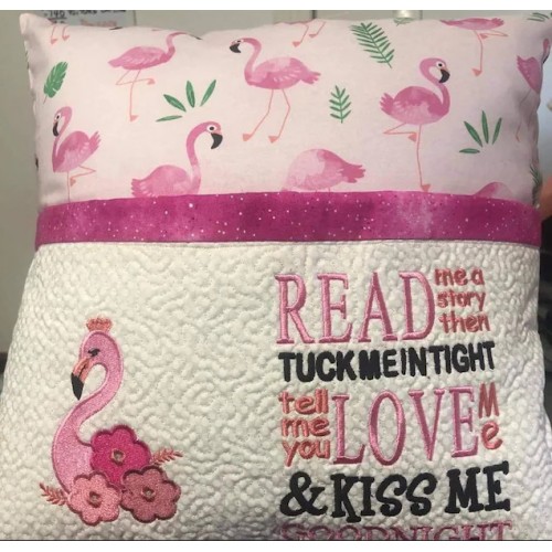 Flamingo embroidery flowers read me a story reading pillow embroidery designs