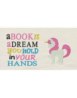 Unicorn embroidery with a book is a dream