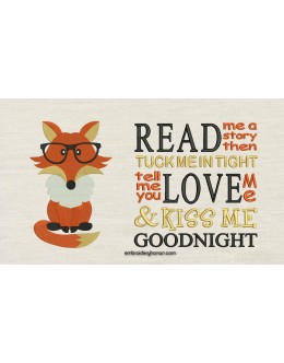 Fox with read me a story reading pillow embroidery designs