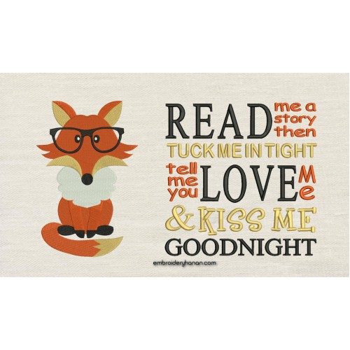 Fox with read me a story reading pillow embroidery designs