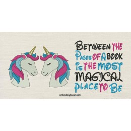 Two unicorn with Between the Pages reading pillow