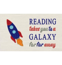 Space ship with reading takes you galaxy