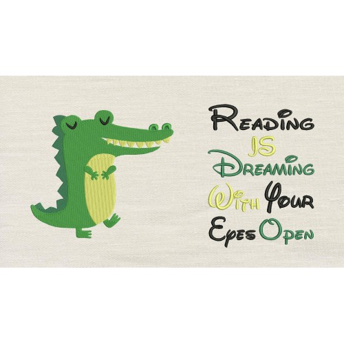 Alligator reading is dreaming reading pillow embroidery designs