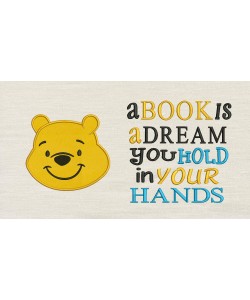 Pooh face with a book is a dream reading pillow embroidery design