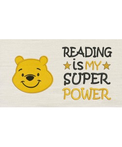 Pooh face with Reading is My Superpower reading pillow embroidery design