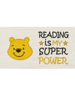 Pooh face with Reading is My Superpower reading pillow embroidery design