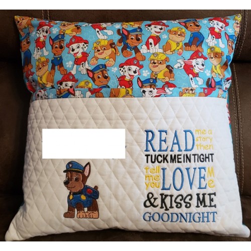 Paw Patrol Chase embroidery with read me a story reading pillow