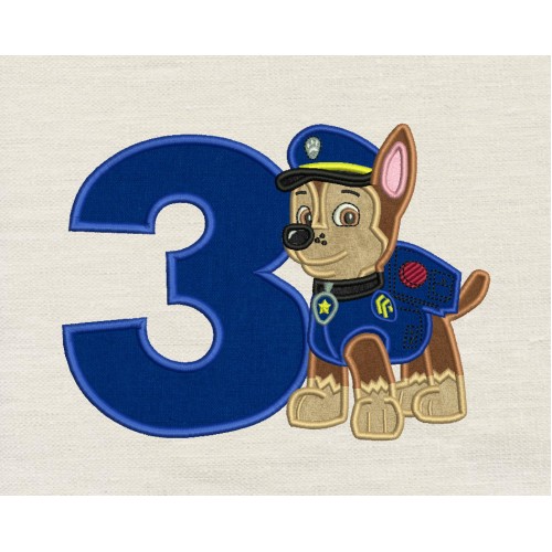 Chase Paw Patrol birthday number 3 embroidery design