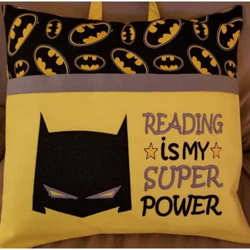 Batman face with Reading is My Superpower reading pillow