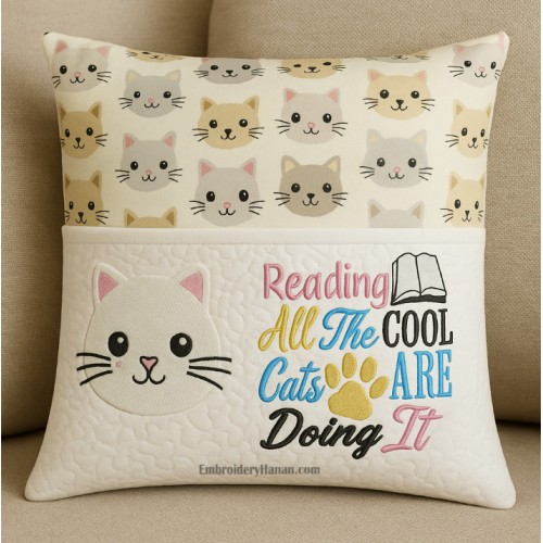 Cat face with All The Cool Cats Reading Pillow