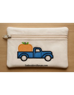 Zipper bag pumpkin truck ITH in the hoop embroidery design 5x7
