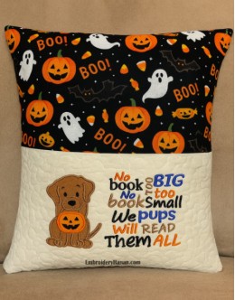 Halloween Dog with No book too big reading pillow
