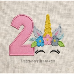 Unicorn Face birthday number 2 applique embroidery design