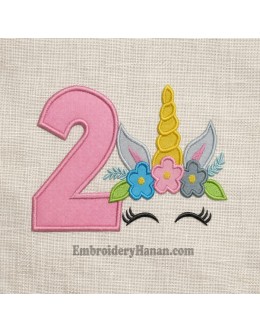 Unicorn Face birthday number 2 applique embroidery design