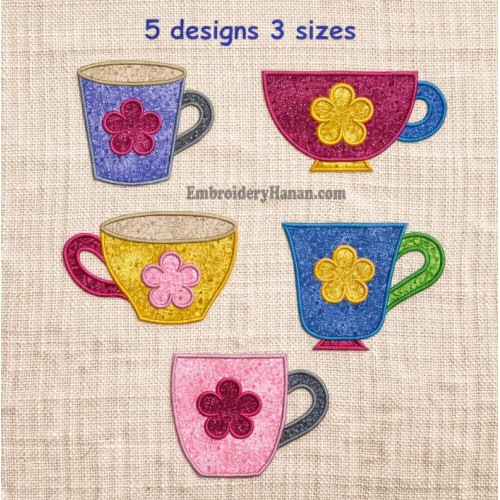 Cups with flower Set 5 embroidery designs