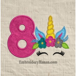 Unicorn Face birthday number 8 applique embroidery design