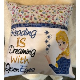Elsa Frozen reading is dreaming reading pillow embroidery designs