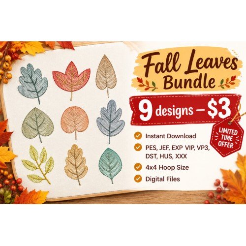 9 Fall Leaves Embroidery Designs Bundle – $5