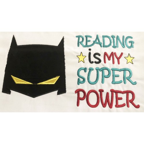 Batman face with Reading is My Superpower reading pillow embroidery designs