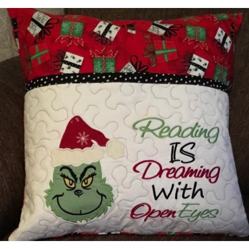 Grinch face with reading is dreaming reading pillow embroidery designs