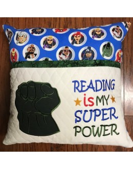 Hulk Fist applique with Reading is My Superpower reading pillow