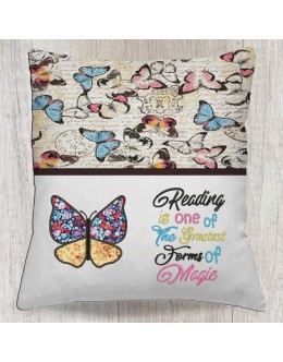 Butterfly applique v2 with Reading is one of reading pillow embroidery designs