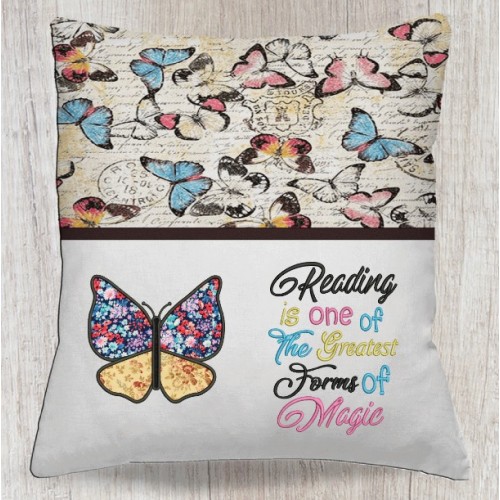 Butterfly applique v2 with Reading is one of reading pillow embroidery designs