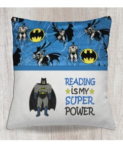 Batman applique with Reading is My Superpower reading pillow embroidery designs