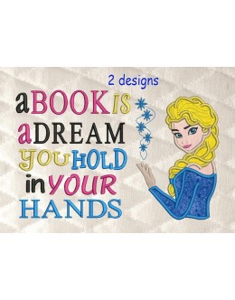 Elsa Frozen applique with a book is a dream reading pillow embroidery designs