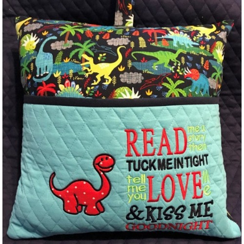Dinosaur applique with read me a story reading pillow embroidery designs