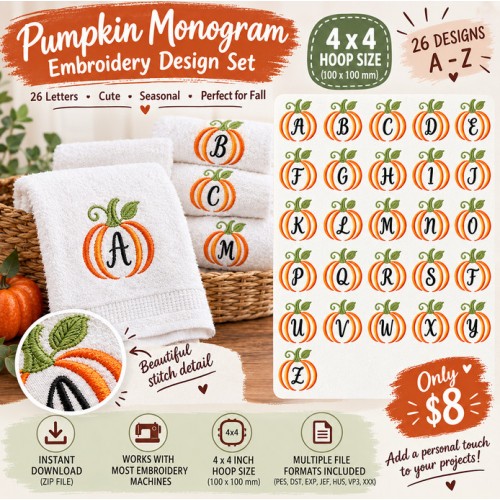 Pumpkin Monogram Embroidery Designs 4x4